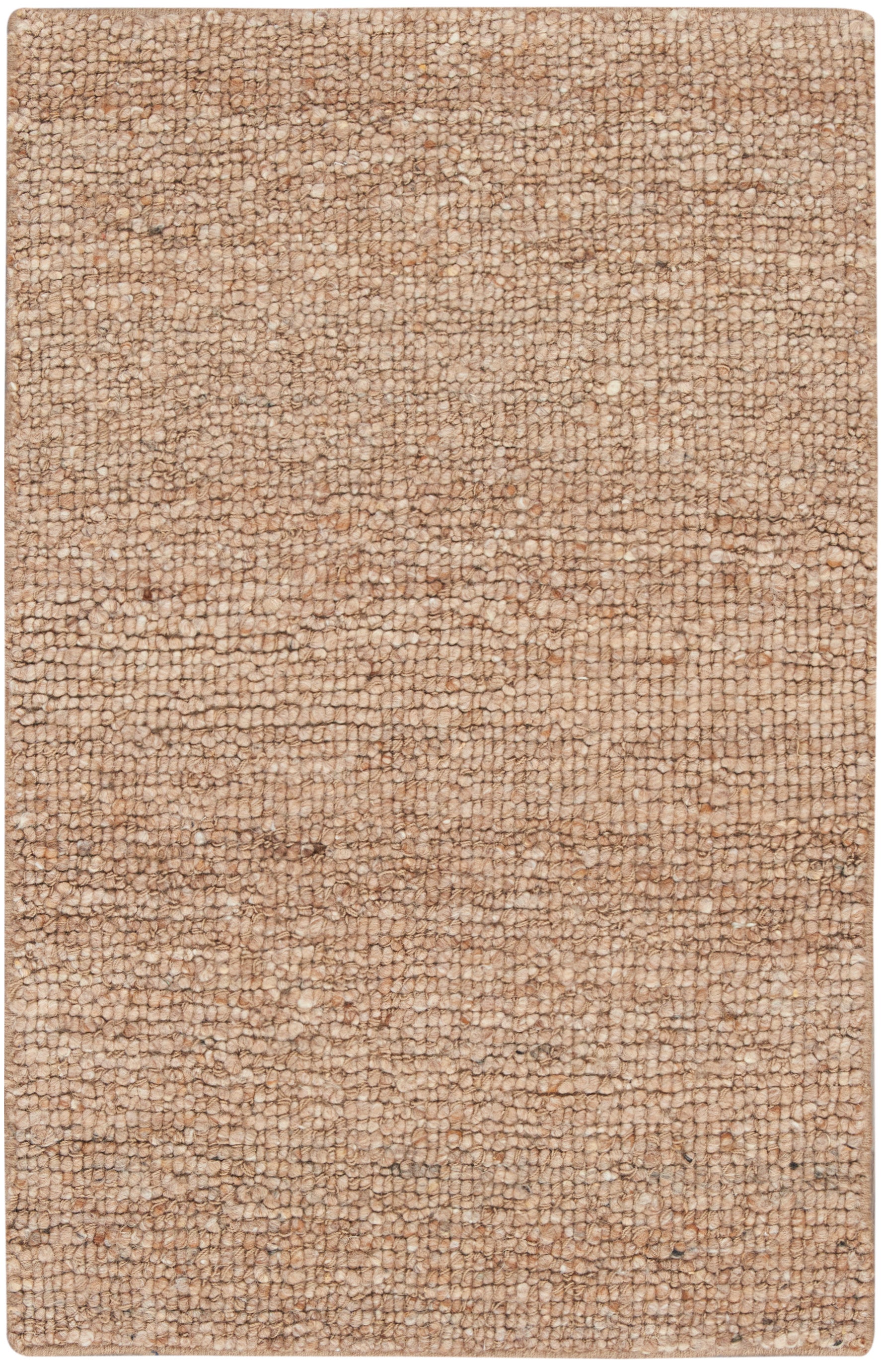 Rectangular beige loop-pile rug with dense, pebble-like texture in warm tan tones.