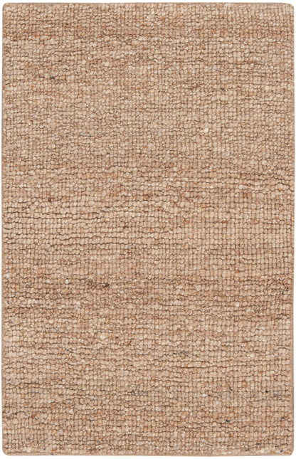 Rectangular beige loop-pile rug with dense, pebble-like texture in warm tan tones.