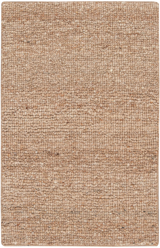 Rectangular beige loop-pile rug with dense, pebble-like texture in warm tan tones.