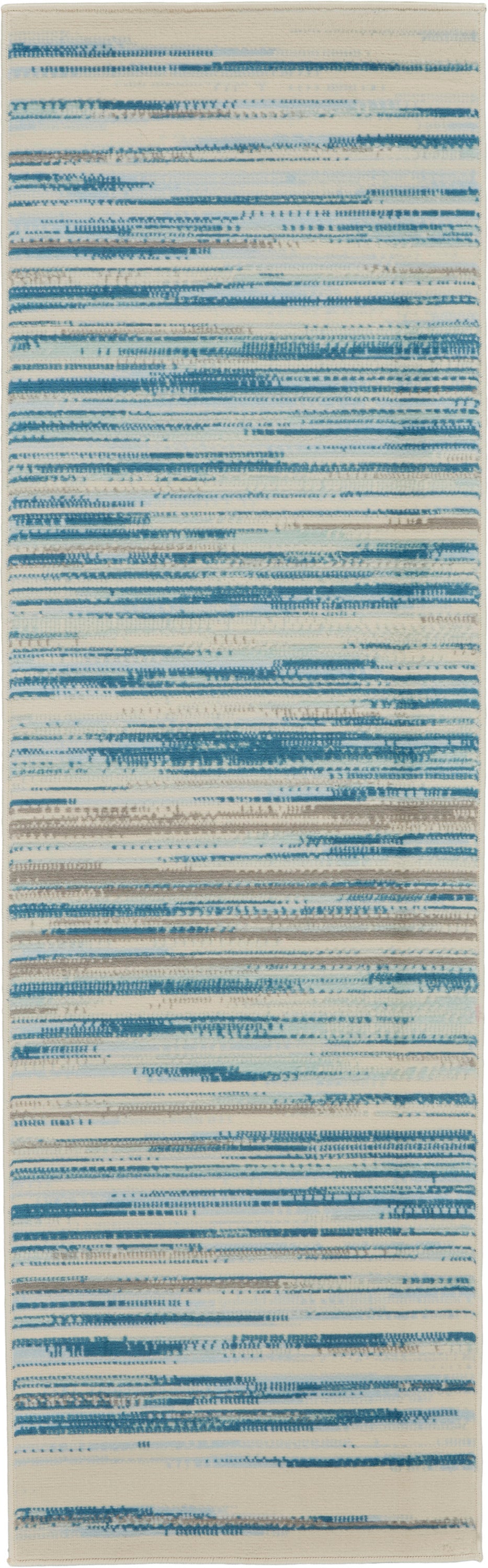 Cream base rug with blue brushstroke horizontal stripes, abstract modern runner.