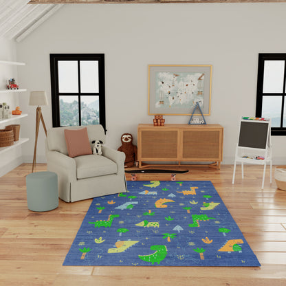 Blue children's dinosaur-themed area rug with green and orange dinos and palm trees in a cozy playroom.