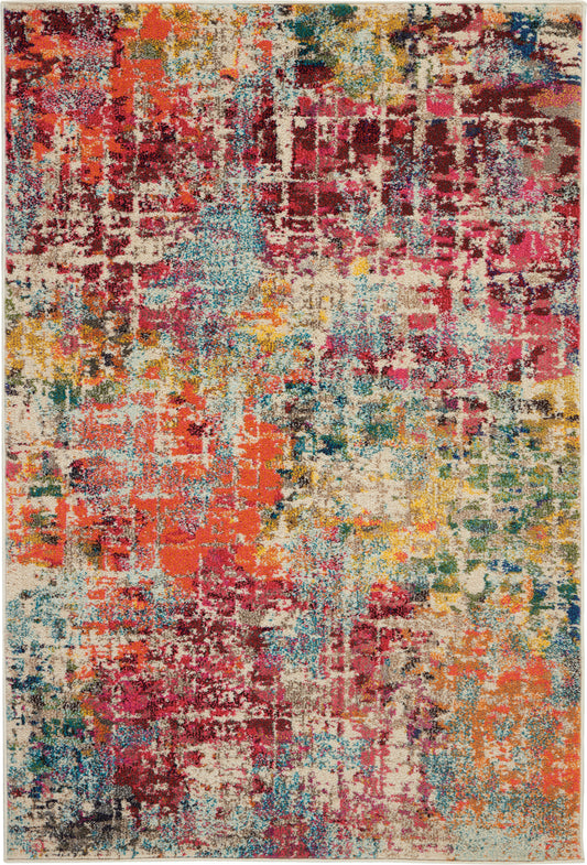 Rectangular abstract area rug with a distressed multicolor pattern in red, orange, teal, pink and yellow.