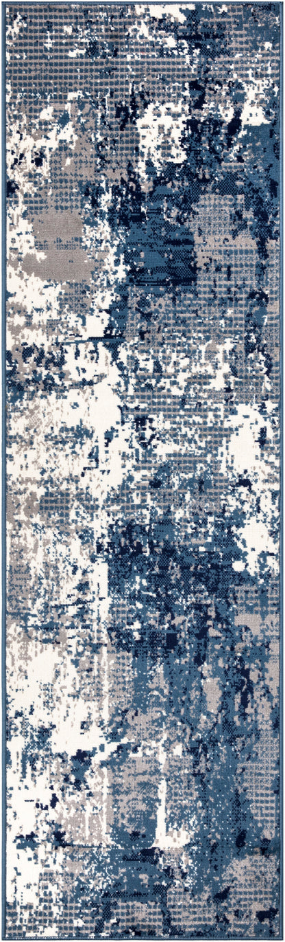 Abstract distressed blue-gray and white runner rug with a slim blue border for contemporary decor.