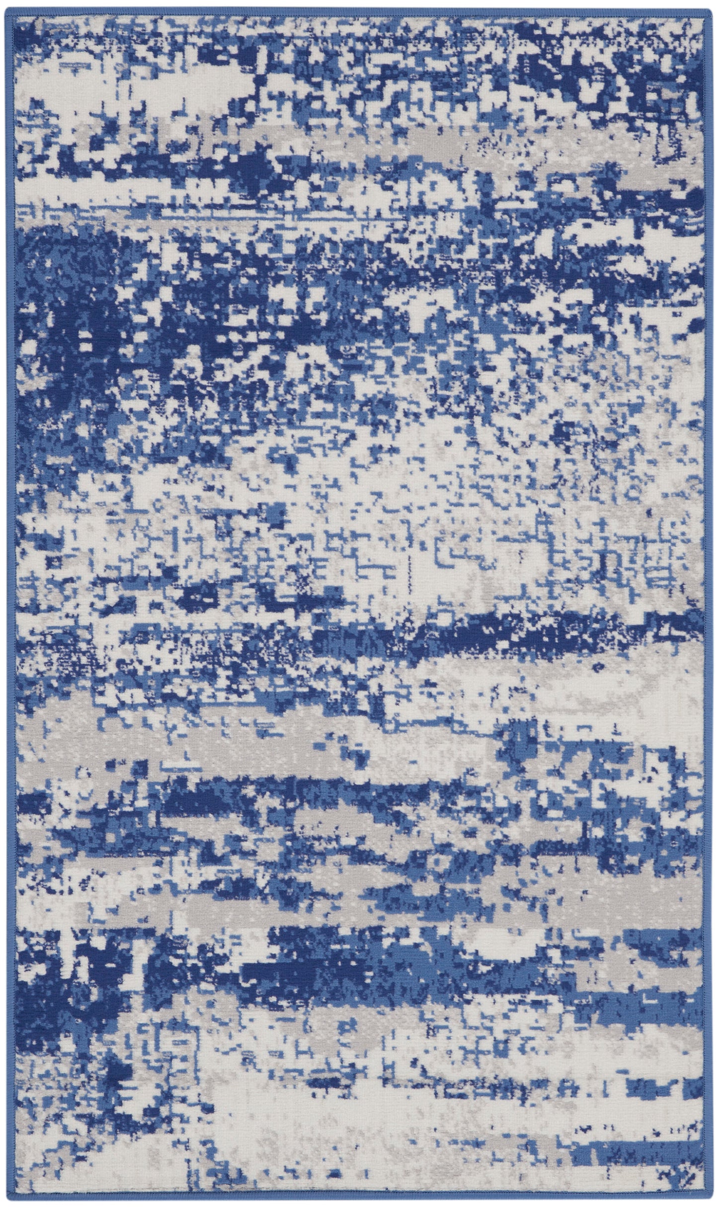 Rectangular blue & ivory abstract area rug with a distressed pattern, modern living room decor.