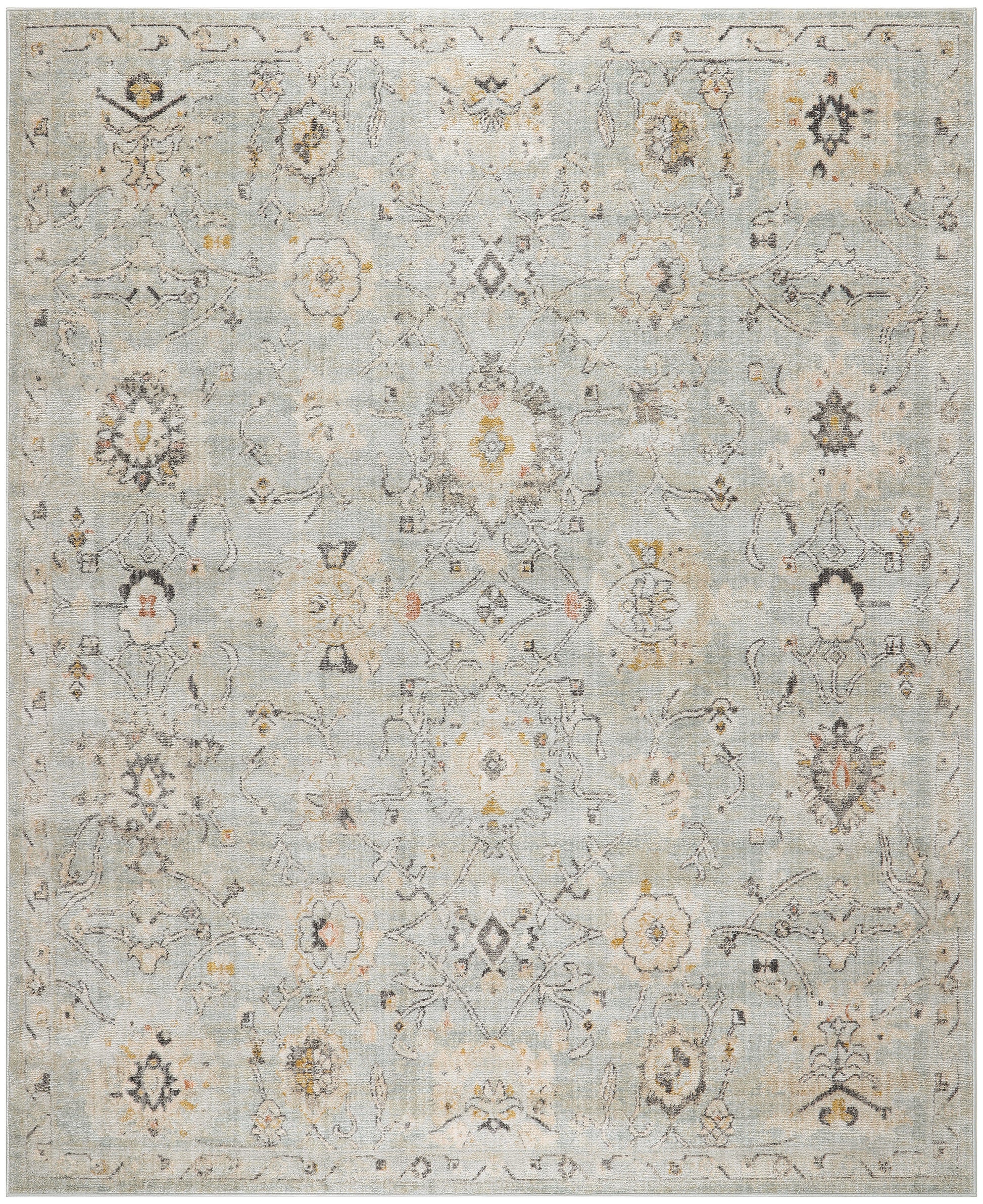 Blue-gray distressed oriental rug with ivory/cream patterns and subtle yellow highlights, classic floral medallions.