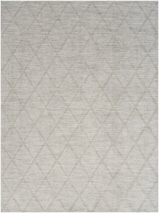 Light gray woven rug with a subtle diamond lattice pattern; rectangular 5' x 7' modern rug for living spaces.