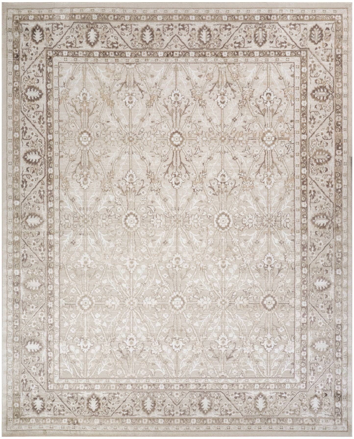 Cream-beige Persian-style area rug with intricate floral medallion pattern and bordered frame; vintage distressed look.