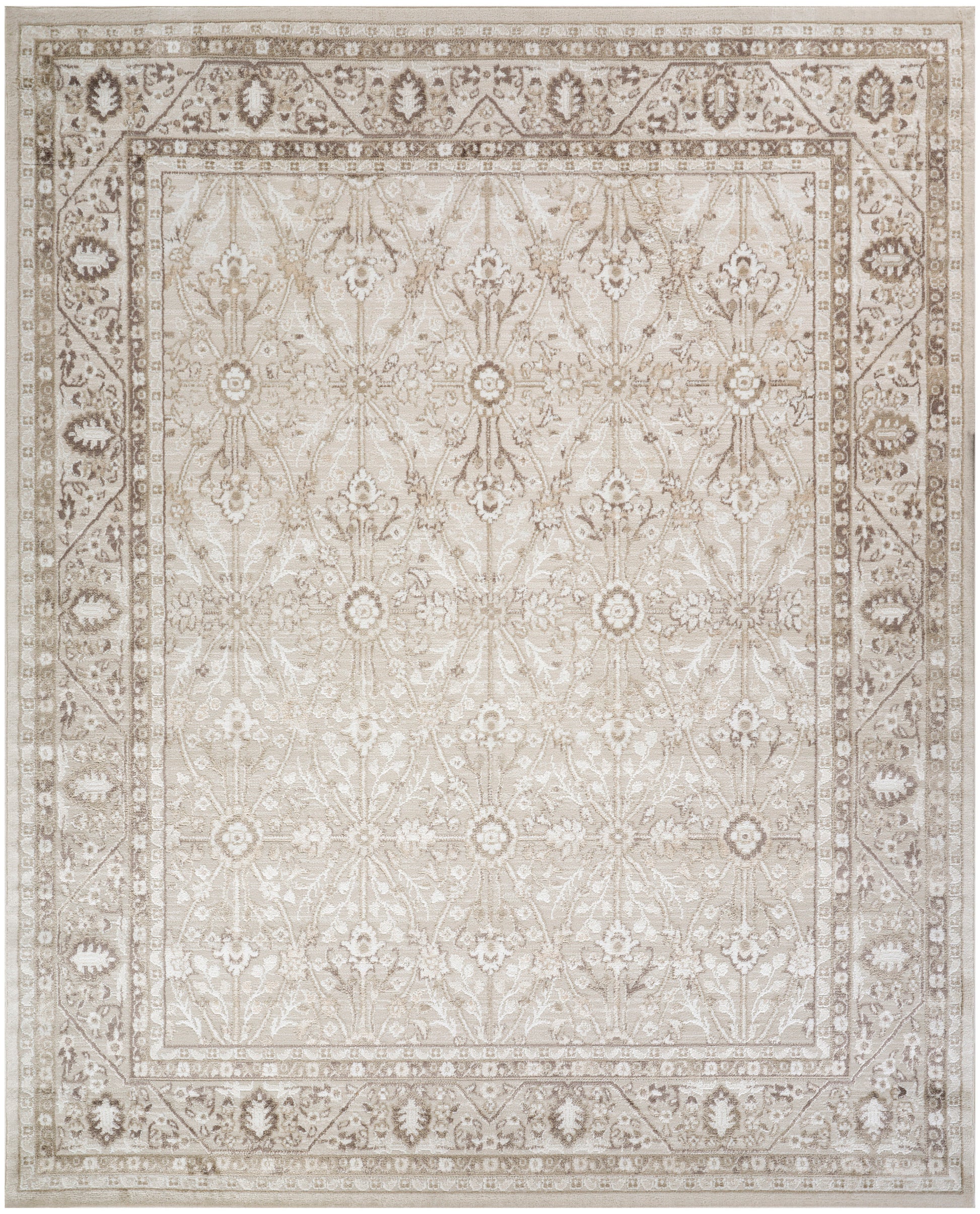 Cream-beige Persian-style area rug with intricate floral medallion pattern and bordered frame; vintage distressed look.