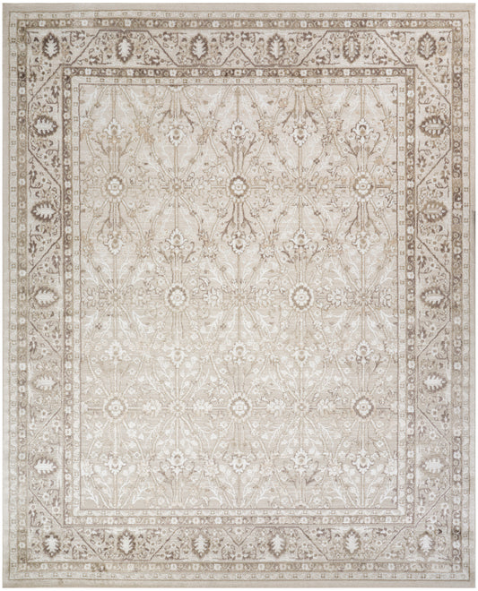 Cream-beige Persian-style area rug with intricate floral medallion pattern and bordered frame; vintage distressed look.