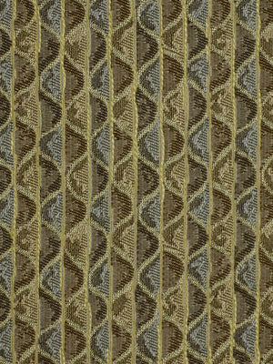 Gold and brown jacquard fabric with interlocking leaf-chain pattern; metallic sheen, upholstery or drapery textile.