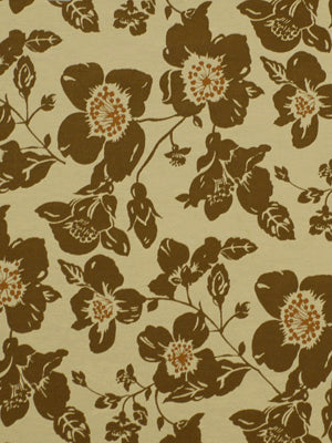 Brown floral damask pattern on beige upholstery fabric with large blossoms and leaves.