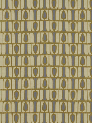 Muted gold and gray geometric upholstery fabric with vertical oval motifs in a repeating grid on taupe background.