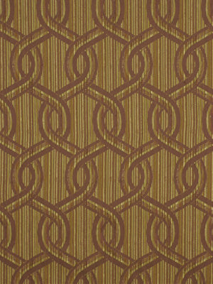 Gold fabric with dark brown interlocking chain pattern and vertical stripe texture; decorative upholstery.