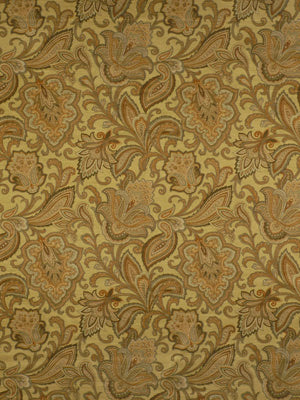 Gold, tan and brown damask paisley fabric with floral swirls; ornate upholstery or drapery textile.