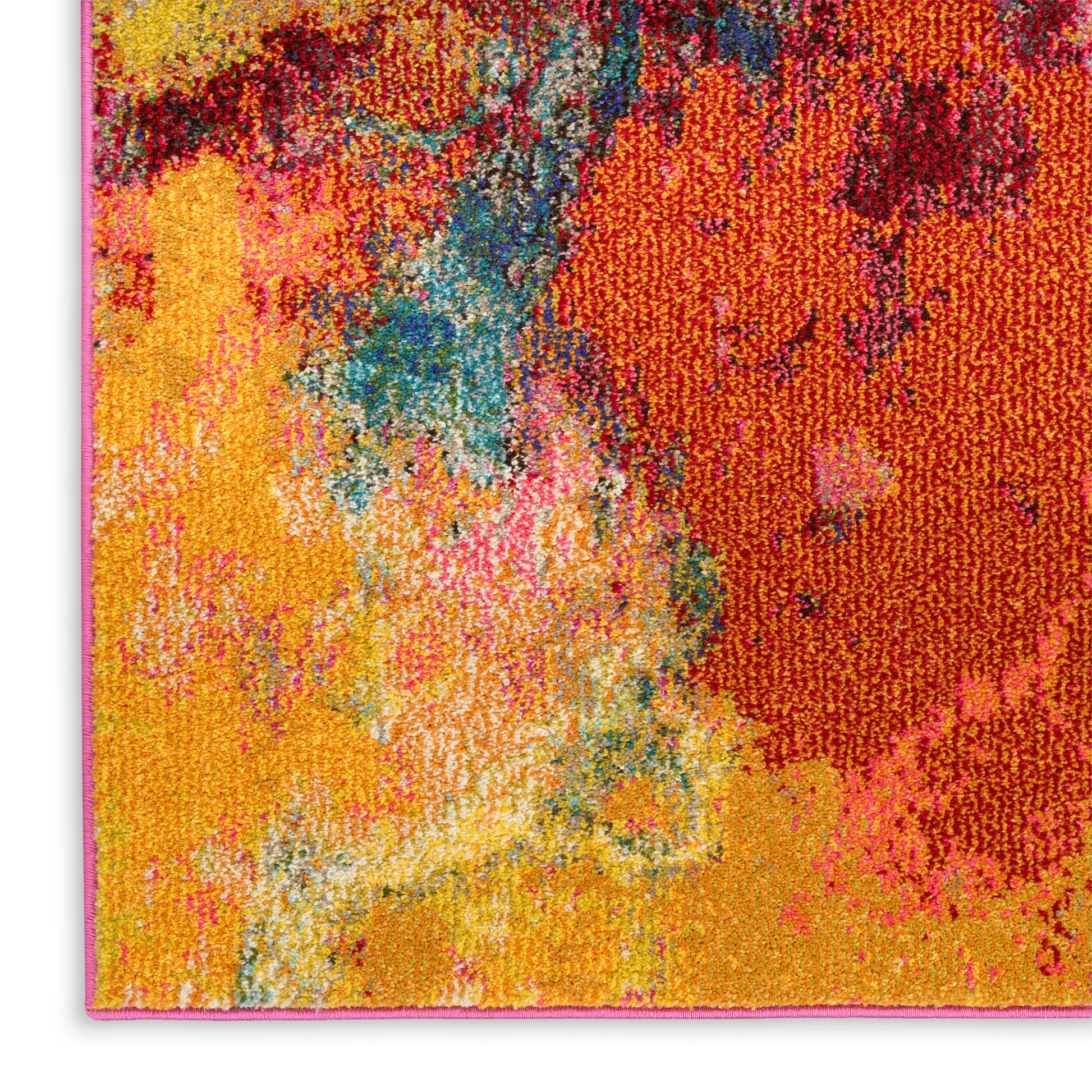 Abstract multicolored tufted pile rug with yellows, oranges, pinks and blues; modern art-inspired square rug.