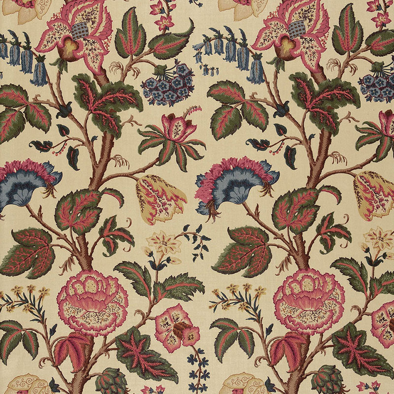Beige damask floral pattern for upholstery or wallpaper; pink/red/blue blossoms with green leaves.