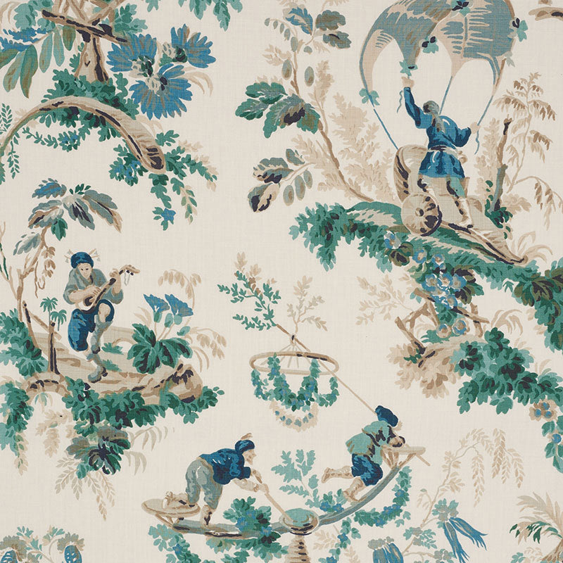Chinoiserie fabric/wallpaper print in teal-blue on cream, featuring people on branches and ornamental foliage garlands.