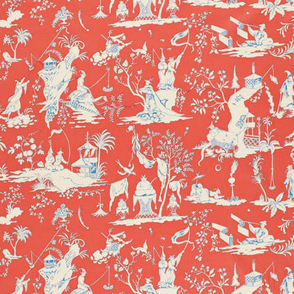 Red toile fabric with white and light blue pastoral scenes of figures, trees, pagodas; classic upholstery textile.