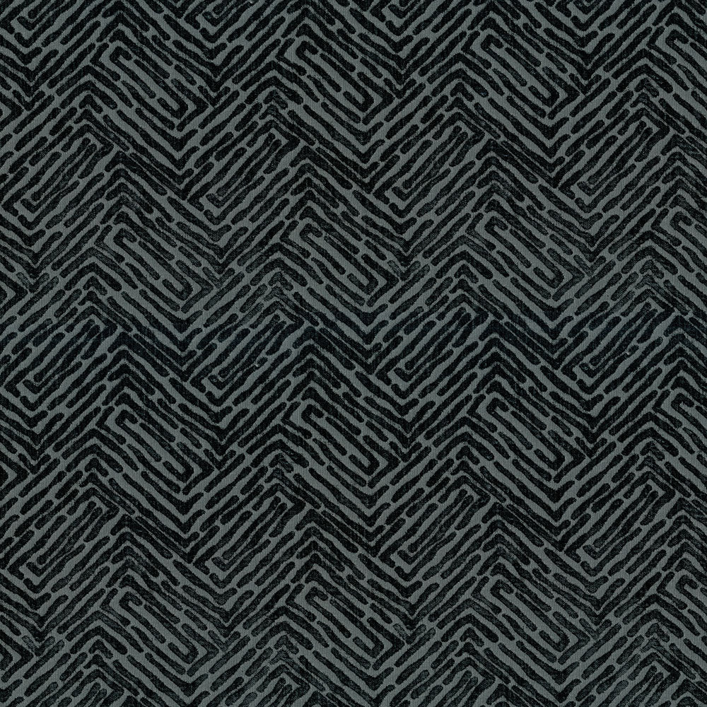 Charcoal gray velvet fabric with a geometric chevron pattern for upholstery.