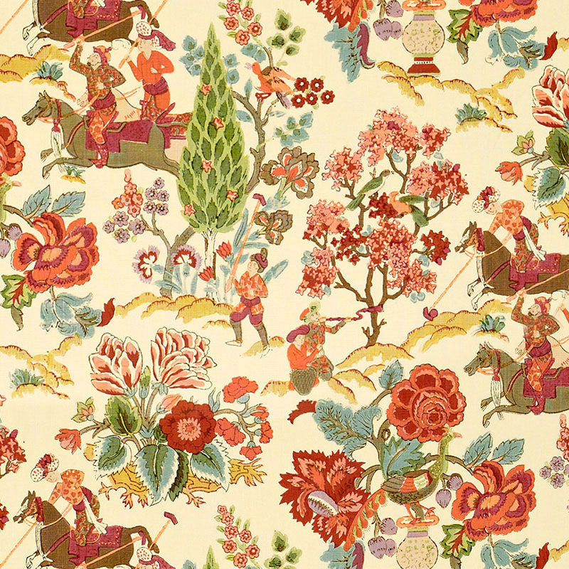 Cream tapestry-style floral pattern with colorful roses, peonies, trees and riders on horseback.