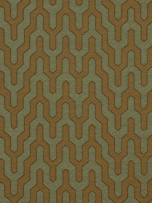 Geometric interlocking chain-link pattern in pistachio upholstery fabric with a woven texture.
