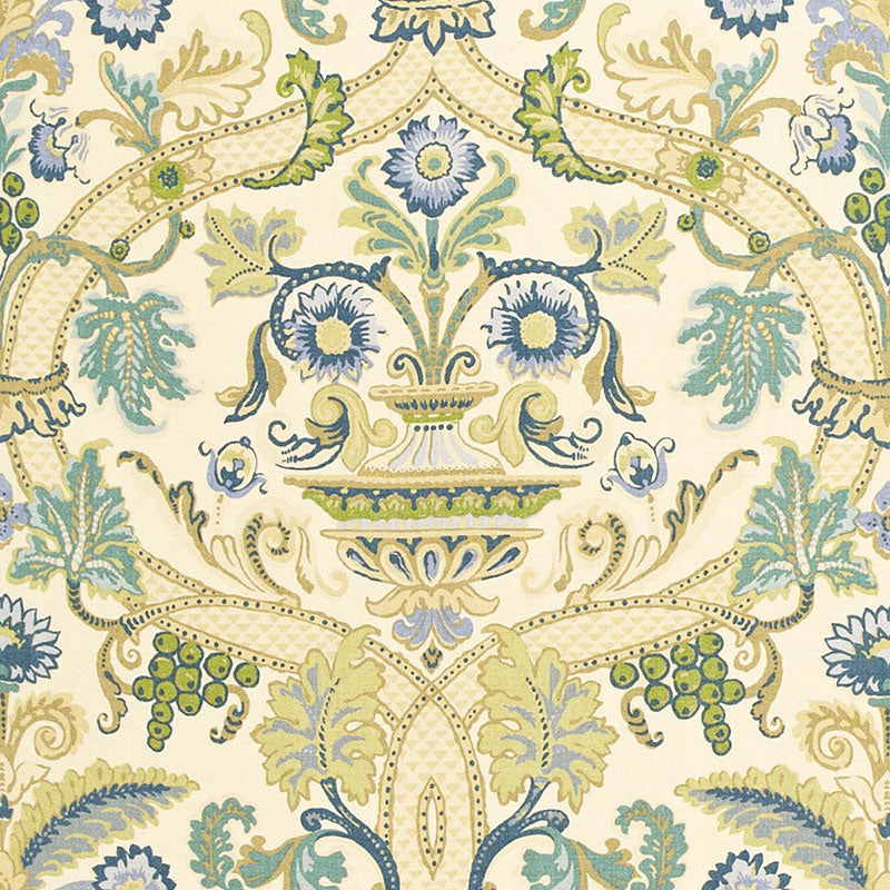 Porcelain blue vase prints featuring ornate floral urn motifs; classic blue & white design.