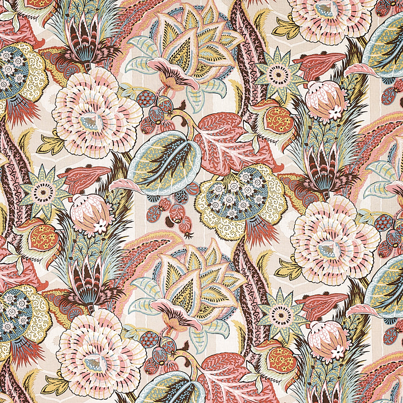 Intricate floral tapestry print on cream fabric; peach and pink blooms, teal leaves, vintage botanical upholstery textile.