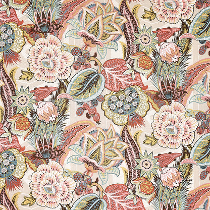 Intricate floral tapestry print on cream fabric; peach and pink blooms, teal leaves, vintage botanical upholstery textile.
