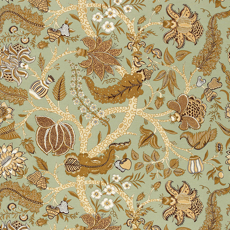 Tapestry-style botanical pattern with gold-brown lizards, cream flowers and leaves on sage green background.