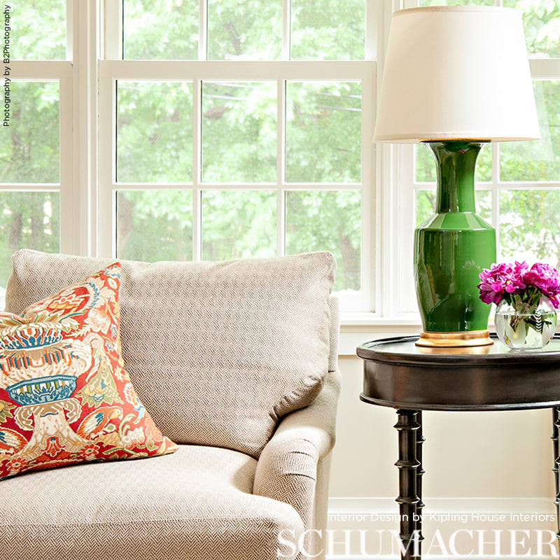 Scarlet tapestry print fabric with a classic woven design.