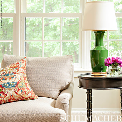 Scarlet tapestry print fabric with a classic woven design.