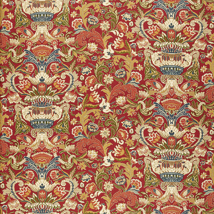 Elegant red damask upholstery fabric with ornate floral urn motifs, gold and blue accents.