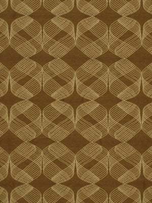 Brown fabric pattern with repeating beige geometric leaf motifs in a retro lattice design.