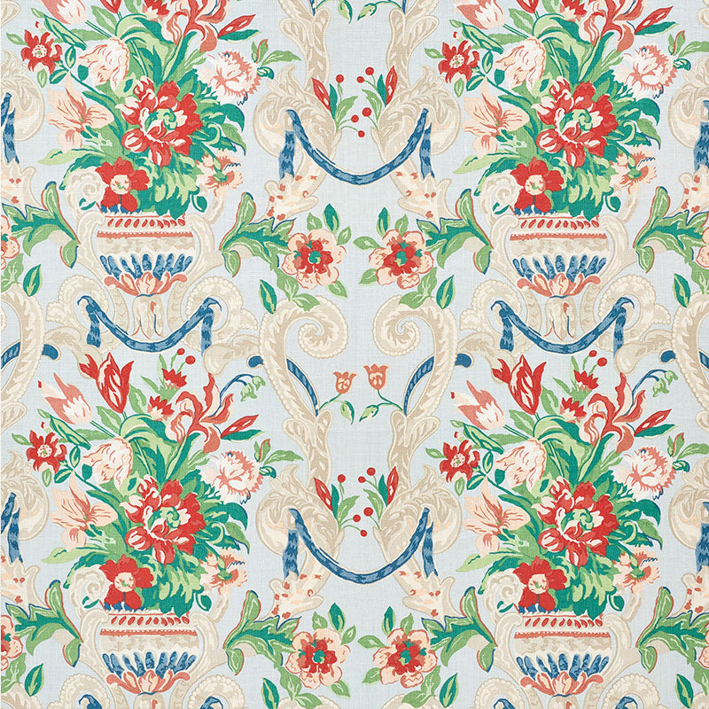 Floral vase print design with ornate blue urns and red and pink flowers with green foliage on a pale beige background.