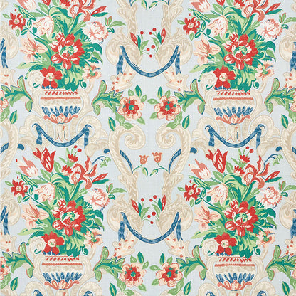 Floral vase print design with ornate blue urns and red and pink flowers with green foliage on a pale beige background.