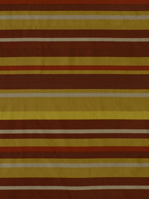 Horizontal striped fabric in mustard yellow, brown, ochre, burnt orange and cream; woven textile.