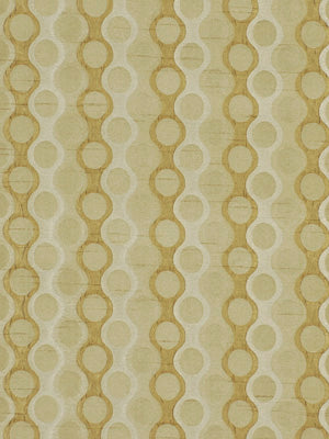 Beige fabric with vertical gold circle chain pattern; geometric textile for drapery or curtains.
