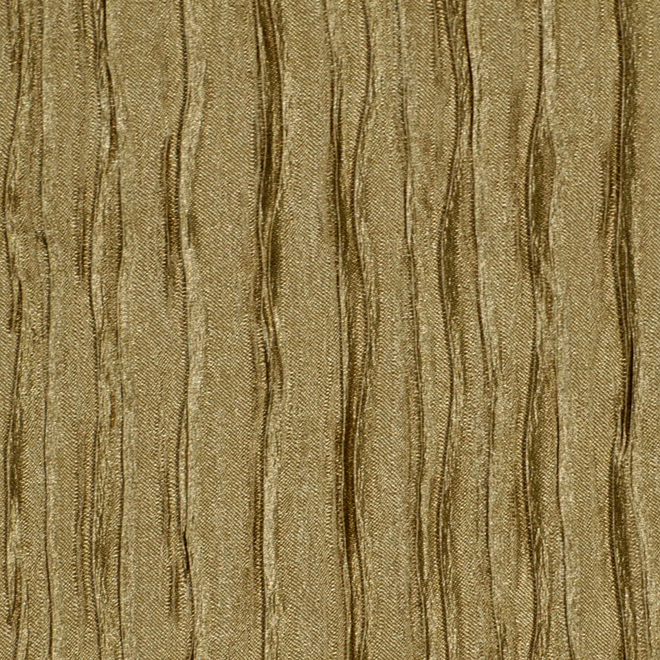 Gold-toned fabric with vertical dark brown ribbed stripes, textured metallic jacquard style.