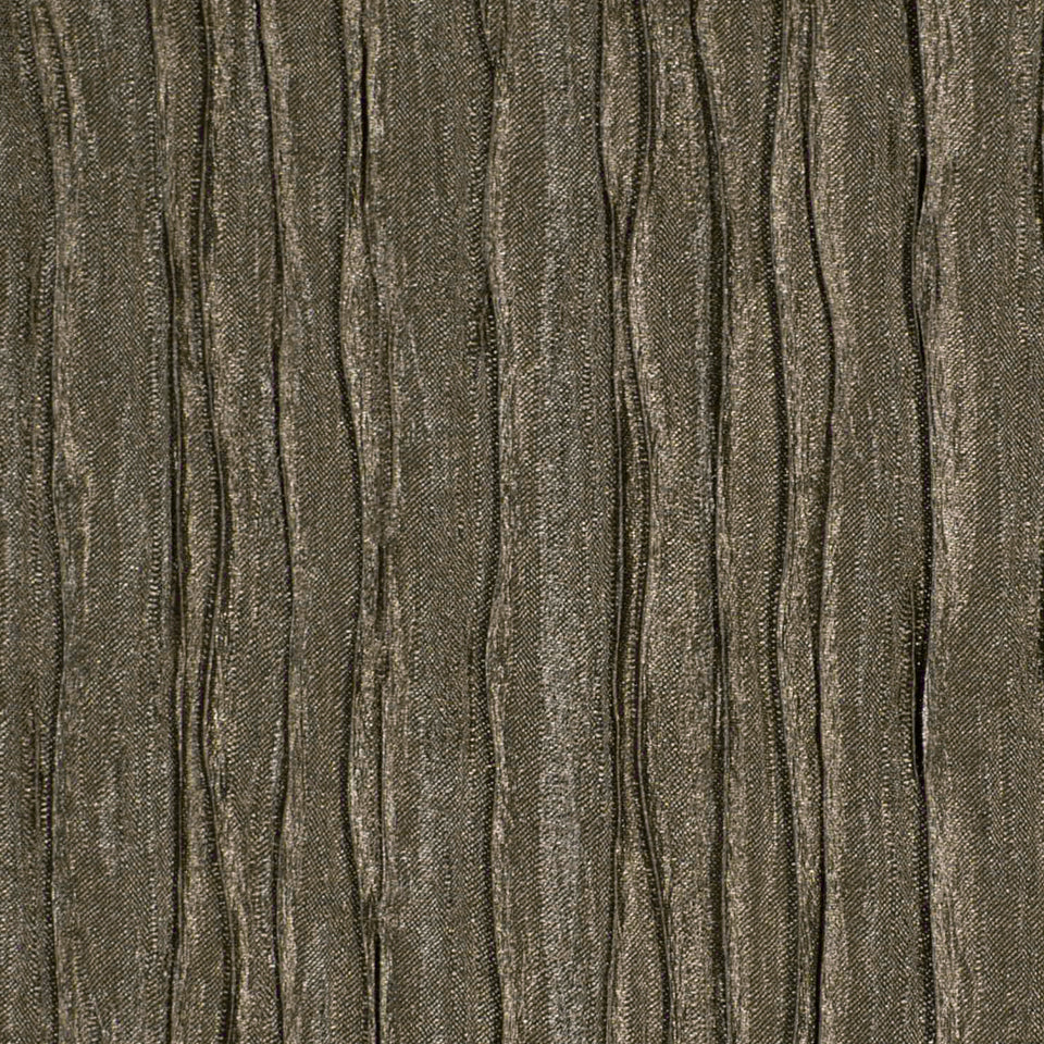 Olive-brown ribbed drapery fabric close-up with narrow vertical pleats and subtle sheen.
