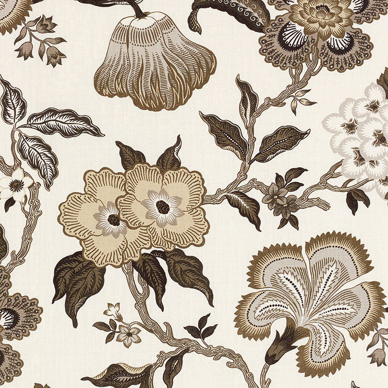 Cream linen-textured fabric with vintage brown-beige botanical damask flowers and leaves.