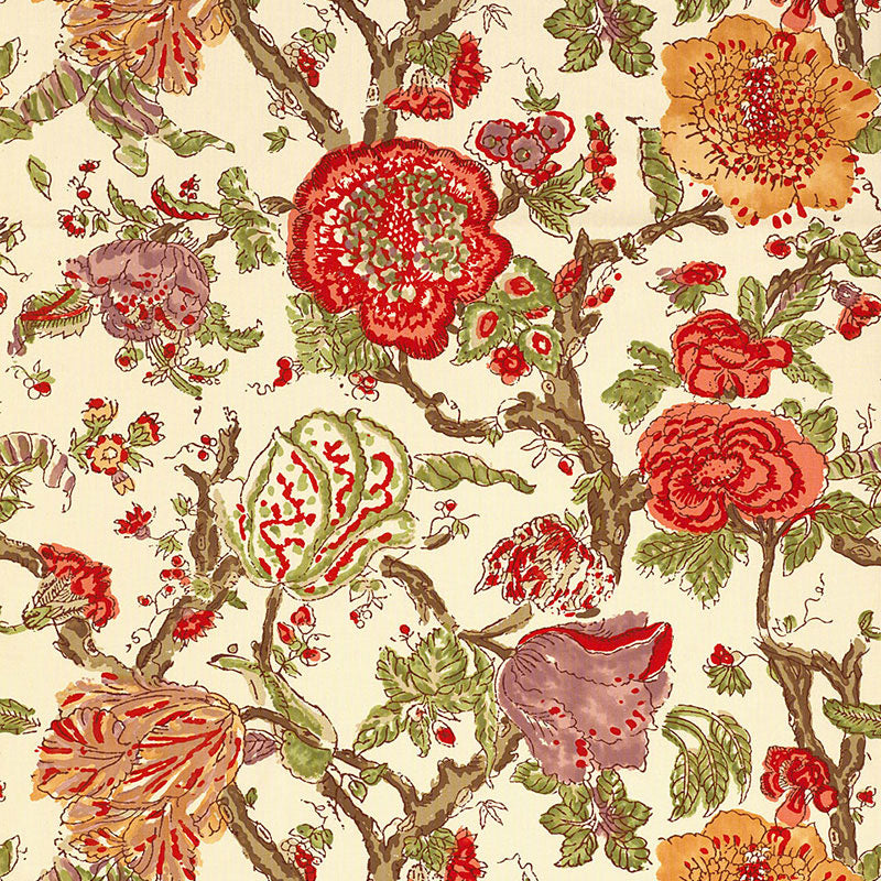 Vintage floral fabric pattern with bold red, orange and pink blooms, green leaves and brown vines on cream background.
