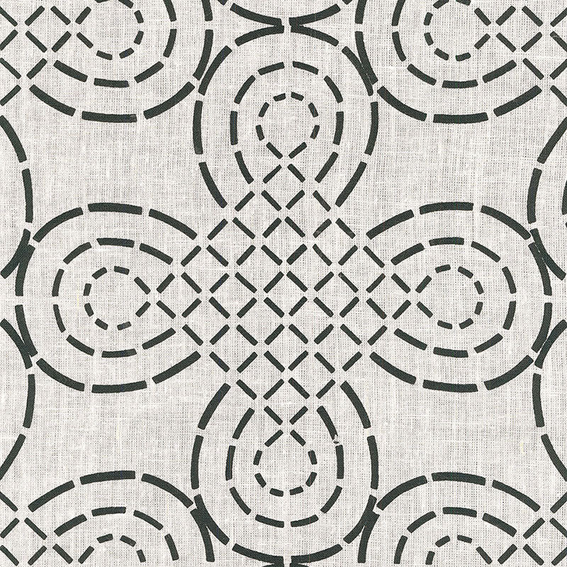 Cream linen texture fabric with dark teal dashed circular motifs forming interconnected rings and lattice pattern.