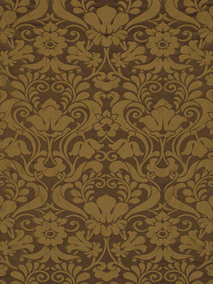 Gold damask floral pattern on brown background, ornate wallpaper design.