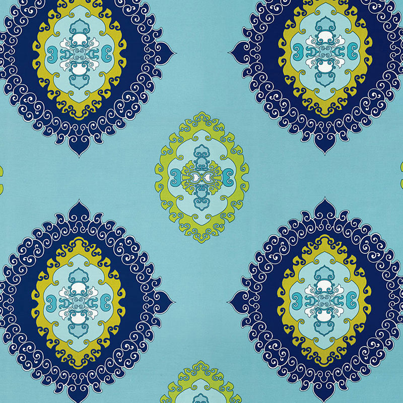 Turquoise damask pattern with large navy medallions, light blue centers, and lime accents