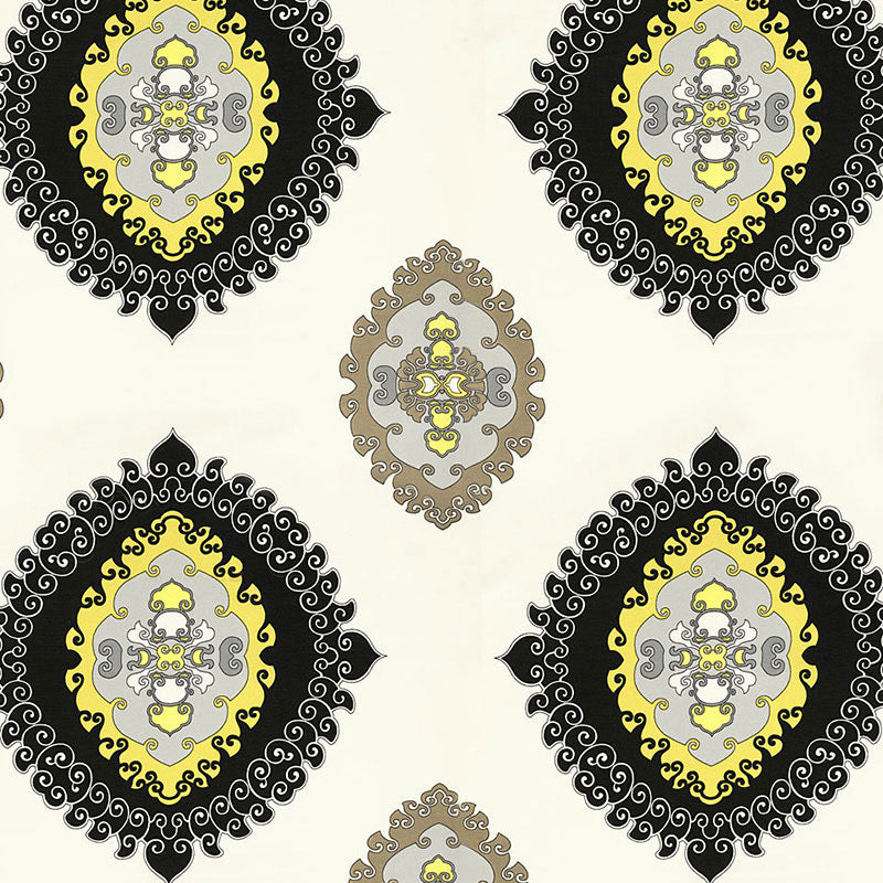 Ornate damask medallion wallpaper pattern in black, yellow and gray on ivory background; vintage decorative repeat.