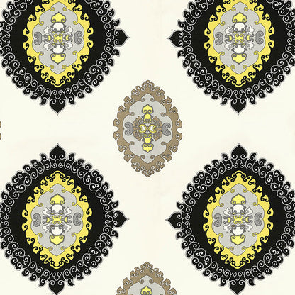 Ornate damask medallion wallpaper pattern in black, yellow and gray on ivory background; vintage decorative repeat.