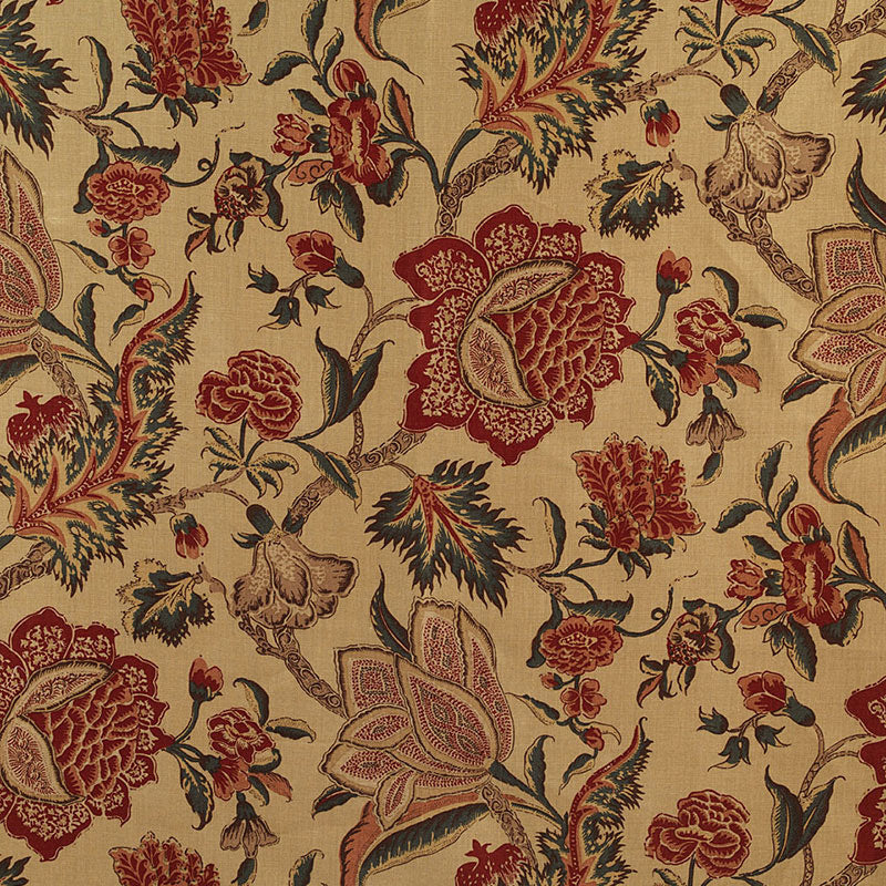 Beige wallpaper with burgundy red and dark green damask floral vine pattern; ornate blooms and vines.