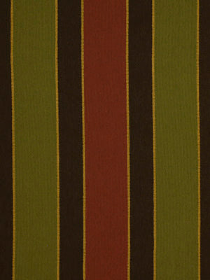 Vertical striped fabric in olive green, brown, and burgundy with thin gold edges; woven upholstery textile.