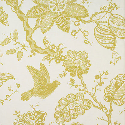 Golden yellow botanical wallpaper with birds, blossoms and twisting branches on pale cream background.