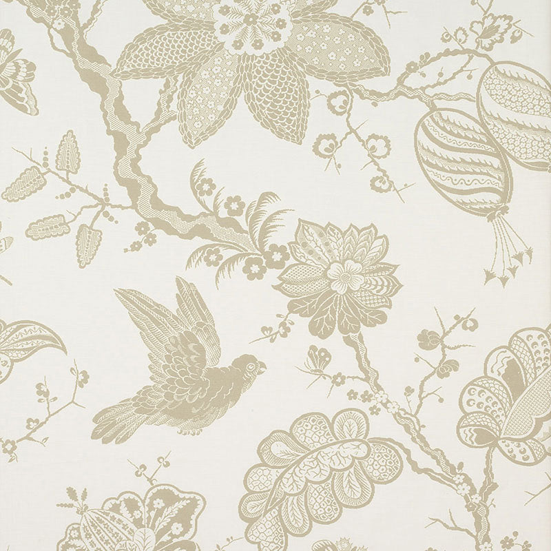 Beige birds & floral pattern on cream background; vintage chinoiserie wallpaper design.